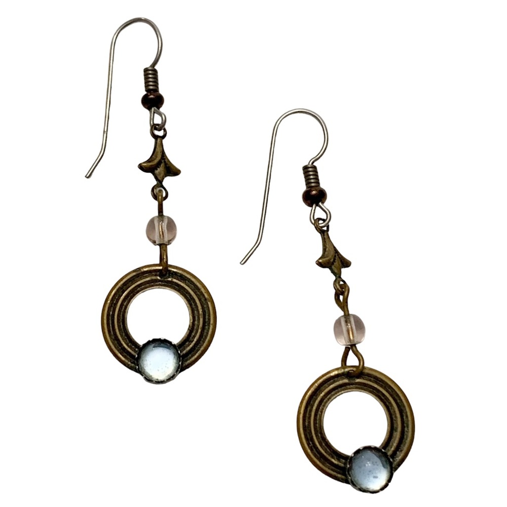 Art deco style brass tone dangling circle and faux moonstone dainty earring boho